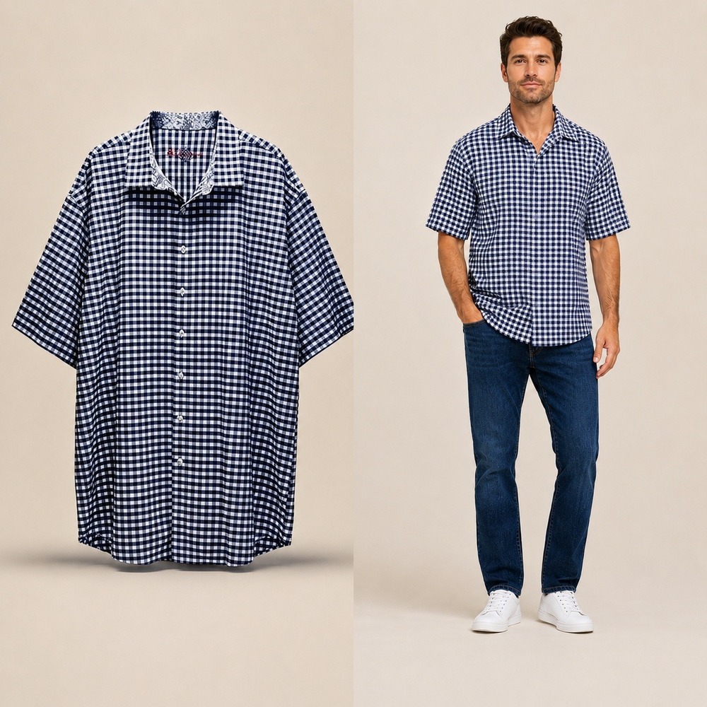 Robert Graham Gingham Checkered‎ Casual Short Sleeve Shirt Men's Size 2XL